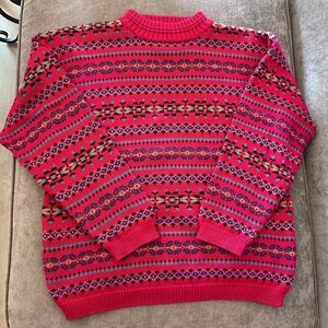 Vintage 90s EDDIE BAUER Fair Isle Crewneck Sweater Red Cotton Cabin Granola M